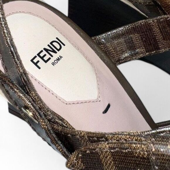 FENDI Tobacco Brown FF Zucca Logo Coated Canvas Wedge Sandals Size EU38.5 - Picture 9 of 14